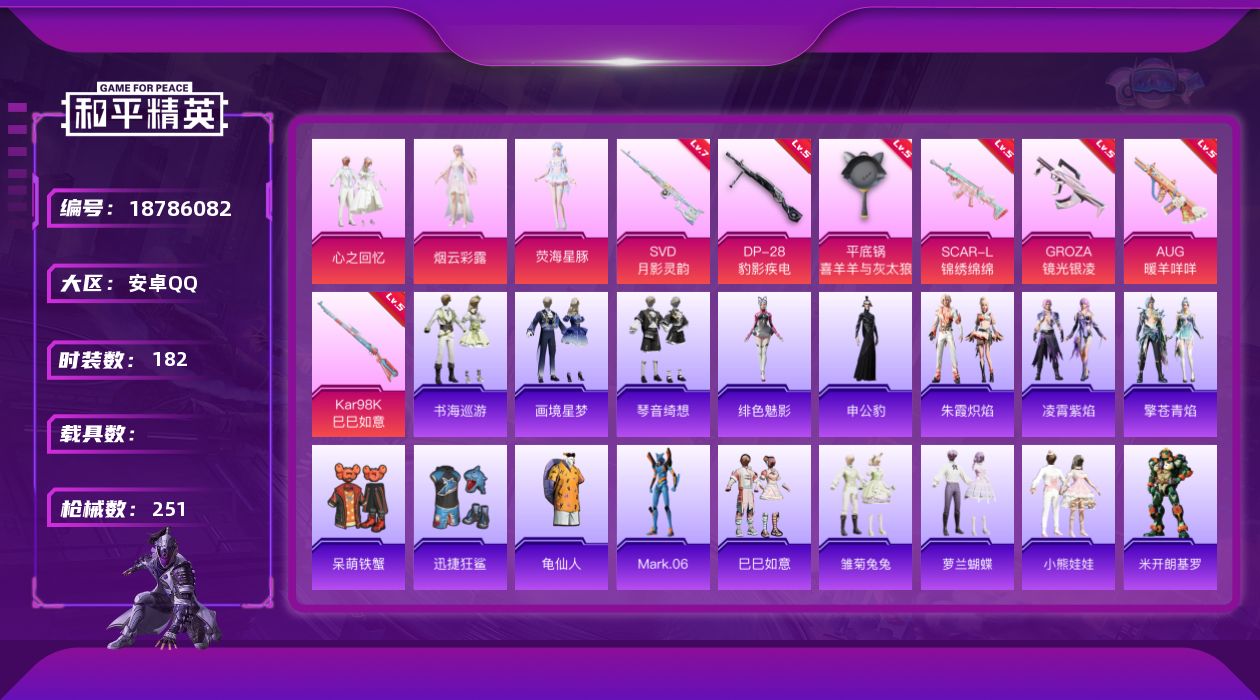 和平精英账号安卓QQ[18786082]安卓 手Q-4粉装-10特效枪-0载具-3粉色飞行器-73072热力值-17王牌印记-182套装-251枪皮
【热门品类】：套装-龟仙人，角色-Mark.06
【粉色套装】：粉装-
