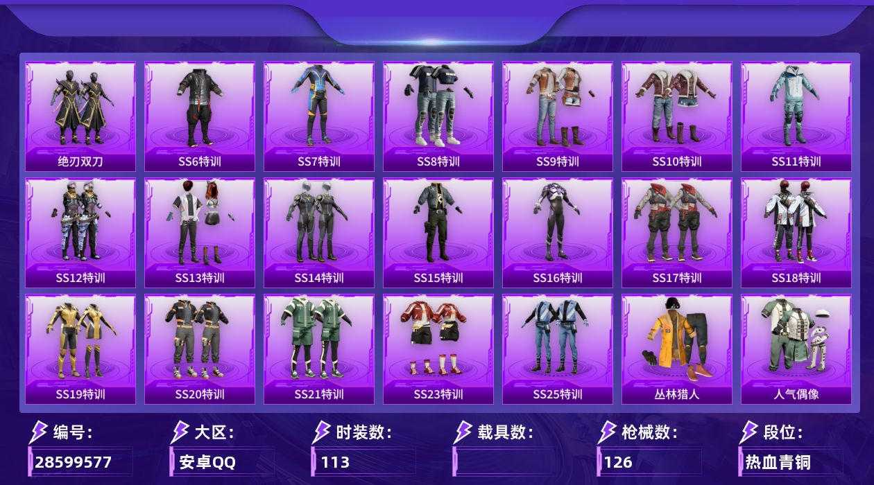 [28599577]【FK8694】113套装/装备115/战备99/王牌印记5/热力值33634/九霄背包(3级)/深海曼妙背包(2级)/神秘黑猫背包(1级)/深海小丑鱼头盔(2级)/马卡龙头盔(3级)/旭日初心兜帽大衣/深海曼妙降落伞/春暖花开降落伞/潮汐统领降落伞/金丰海韵降落伞/SS6特训/SS7特训/SS8特训/SS9特训/SS10特训/SS11特训/SS12特训/SS13特训/SS14特训/SS15特训/SS16特训/SS17特训/SS18特训/SS19特训/SS20特训/SS21特训/SS23特训/SS25特训/丛林猎人/人气偶像/冷焰舞者/北国孤狼/吉莉礼服/完美偶像/幻世战舞者/幻影武者/战地督导/极速红龙/柠萌假日/橘黑制服/海上生明月/深蓝色名流/湖蓝色名流/滨海假日/灼焰舞者/炫蓝之夏/热血青春/牛气冲天/牛气满满/特殊使命/特训学院/猎鹰/猛禽/甜蜜告白/甜蜜熊情侣/白熊同盟/白色伏地魔/破晓战魂/破蛋小黄鸡/福星高照/空投萌叽/竞技勇士朋克/竞技名士/竞技达人朋克/红色运动/绮丽涂鸦/绯格组合/耀眼新星/耀粉歌者/萌趣颜团子/萌黄之夏/蓝彩潮人/蓝色守护者/蓝色运动/街头潮人/超能勇士/跃动心情/都市魅力/酒红色名流/长空猛禽/霓虹街区/青年教官/骑行爱好者/魅力单车/黄色伏地魔/黄色名流/黄色运动/黑色伏地魔/刚毅裁决者/沙漠毒蛇/冰冻风暴/贵族骑装/极地朋克/冰川特警/雪山精英/核芯基因/精神漫游/黑色刀锋/白月香洋装/风华少年志/安第斯皇冠/原初圣火/逆风勇士/冰爽海盐/治愈之星/科技之星/异彩先驱/霓虹极客/极乐追光/飞驰魅影/音速流光/萌趣咩咩/田园牧歌/轻风白浪/妙红点点/幻彩翩翩/莱茵河畔/AKM夜灯/AKM彩虹符号/AKM恐龙拽拽/AKM灼热熔岩/AKM生命誓言/AKM破晓战魂/AKM萌趣颜团子/AKM虎虎生威/AKM霓虹街区/SCARL炫彩节奏/SCARL红色方程式/M416夜灯/M416红色方程式/M416绯红前夜/M416蓝色火焰/GROZA异彩先驱/GROZA彩虹符号/GROZA治愈之星/GROZA生命誓言/GROZA田园牧歌/GROZA黑色刀锋/QBZ原初圣火/QBZ彩虹符号/QBZ飞驰魅影/M762天降萌叽/M762牛气冲天/M762绯红前夜/MK47妙红点点/G36C不夜海上花/G36C星穹咏叹调/UZI古堡领主/UZI娇憨猪