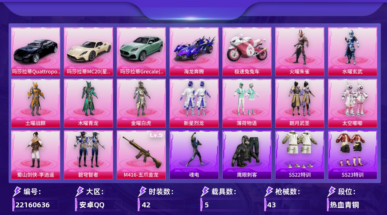 和平精英账号安卓QQ[22160636]【特价出售/店主推荐】安卓手Q-11粉装-1特效枪-5载具-2粉色飞行器-21375热力值-42套装-43枪皮【粉色套装】：粉装-火曜朱雀，粉装-水曜玄武，粉装-土曜战麒，粉装-木