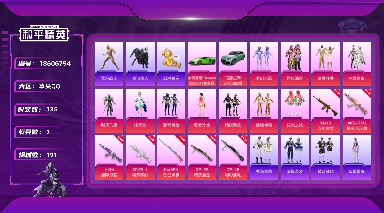 和平精英账号苹果QQ[18606794]苹果 手Q-11粉装-9特效枪-2载具-5粉色飞行器-67768热力值-15王牌印记-135套装-191枪皮
【热门品类】：粉装-梦幻火箭，粉装-缤纷油彩，套装-都市猎人，套装-冥