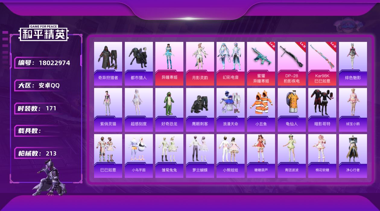 和平精英账号安卓QQ[18022974]安卓 手Q-3粉装-6特效枪-0载具-1粉色飞行器-61209热力值-10王牌印记-171套装-213枪皮
【热门品类】：套装-浪漫天命，套装-都市猎人，套装-小丑鱼，套装-奇异狩