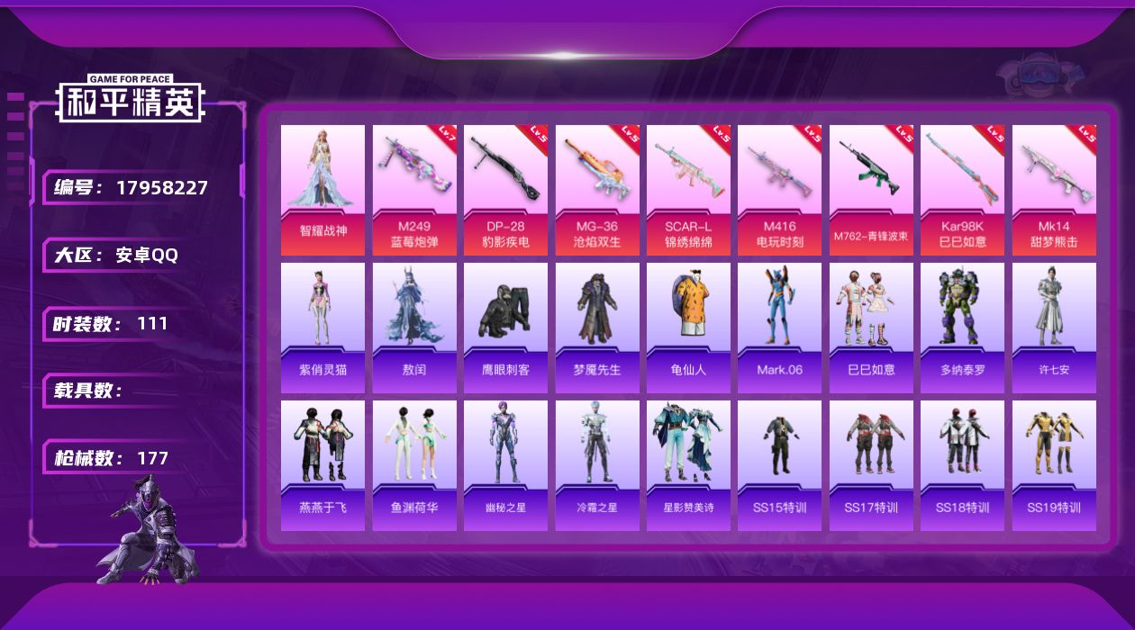 和平精英账号安卓QQ[17958227]安卓 手Q-1粉装-8特效枪-0载具-2粉色飞行器-50186热力值-3王牌印记-111套装-177枪皮
【热门品类】：套装-龟仙人，角色-Mark.06
【粉色套装】：角色-智耀