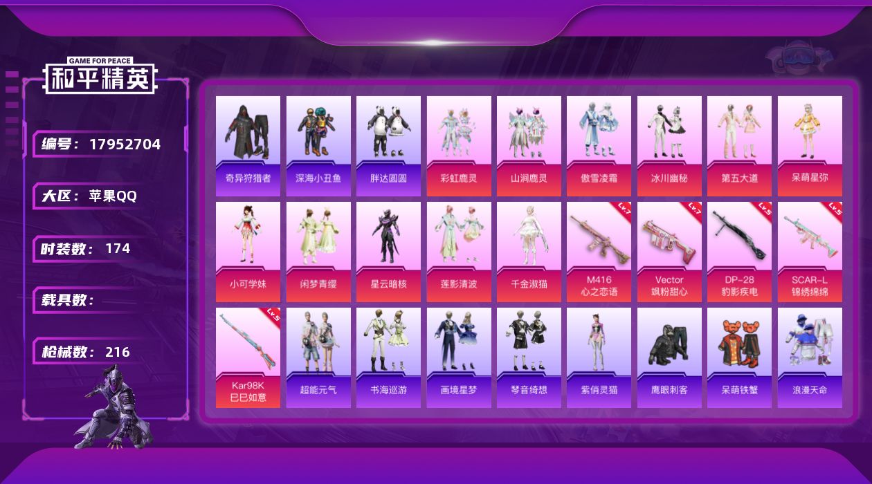 和平精英账号苹果QQ[17952704]苹果 手Q-12粉装-7特效枪-0载具-4粉色飞行器-64161热力值-9王牌印记-174套装-216枪皮
【热门品类】：套装-浪漫天命，套装-深海小丑鱼，套装-奇异狩猎者，套装-