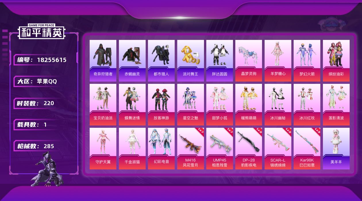 和平精英账号苹果QQ[18255615]苹果 手Q-15粉装-5特效枪-1载具-4粉色飞行器-91948热力值-18王牌印记-220套装-285枪皮
【热门品类】：粉装-梦幻火箭，粉装-缤纷油彩，套装-浪漫天命，套装-赤