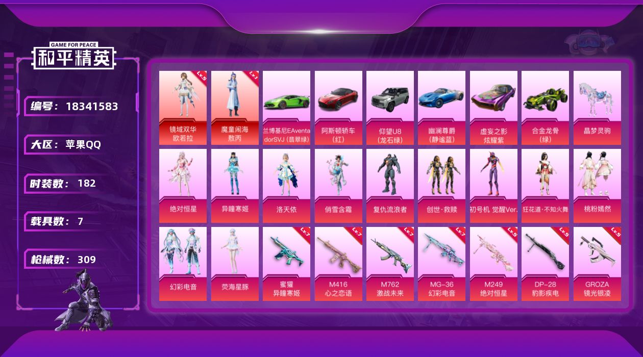 和平精英账号苹果QQ[18341583]苹果 手Q-2神装-11粉装-25特效枪-7载具-14粉色飞行器-121879热力值-17王牌印记-182套装-309枪皮
【红色神装等级】：魔童闹海-敖丙(一级)，镜域双华-欧若