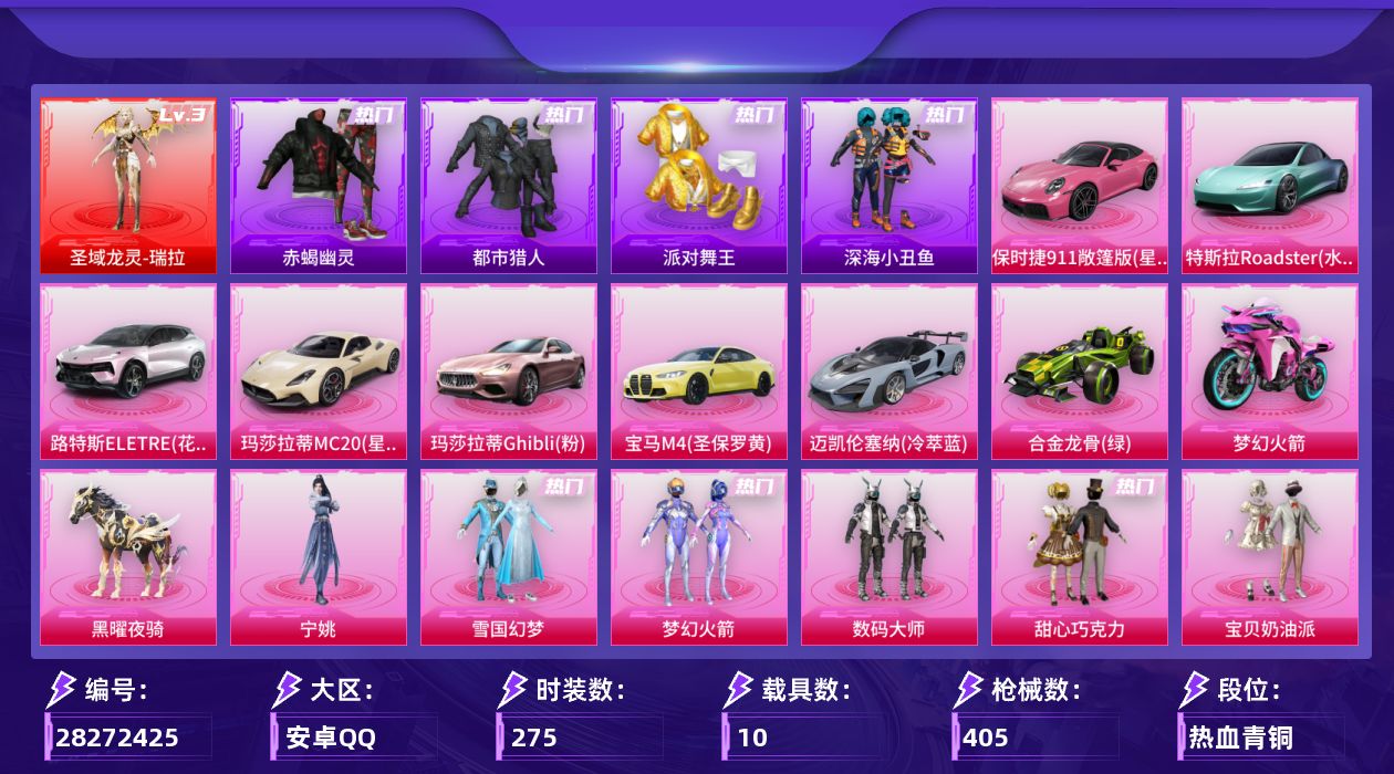 [28272425]安卓手Q-历史最高段位：超级王牌18星-1神装-32粉装-24特效枪-10载具-9粉色飞行器-149360热力值-23王牌印记-275套装-405枪皮
【红色神装等级】：圣域龙灵-瑞拉(三级)
【红色角色神装】：圣域龙灵-瑞拉
【热门品类】：粉装-雪国幻梦，粉装-梦幻火箭，套装-浪漫天命，套装-赤蝎幽灵，套装-都市猎人，套装-派对舞王，套装-深海小丑鱼，套装-小丑鱼，套装-龟仙人，套装-粉红小猪，套装-红熊茄茄
【粉色套装】：粉装-数码大师，粉装-甜心巧克力，粉装-宝贝奶油派，粉装-天使彩虹糖，粉装-雪国幻梦，粉装-梦幻火箭，粉装-翡翠骑士，粉装-冰霜白皇，粉装-炙焰红王，粉装-香水柠檬，粉装-星之彼岸，粉装-馨动时刻，粉装-暗夜玫瑰，粉装-山涧鹿灵，角色-洛天依，粉装-吟月归客，粉装-黄伞悠悠，粉装-黑伞漫漫，粉装-岚岚物语，粉装-恐龙拽拽，粉装-冷魅冰骑，粉装-赤焰黑爵，粉装-紫电风暴，粉装-傲雪凌霜，粉装-霁雪冰心，粉装-旋转彩虹，粉装-寒光使者，粉装-第五大道，角色-烟云彩露，角色-女娲灵识，粉装-幻彩电音，角色-宁姚
【粉色枪皮等级】：轻型迫击炮-酷夏轰炸(四级)，AKM-梦之光华(七级)，SCAR-L-童趣迷兔(七级)，SCAR-L-青春物语(一级)，M416-五爪金龙(七级)，M416-风花雪月(一级)，M416-灵猫魔法师(三级)，GROZA-香水柠檬(五级)，GROZA-旋转彩虹(一级)，AUG-星之彼岸(五级)，AUG-暖羊咩咩(四级)，UMP45-恐龙拽拽(七级)，Vector-红伞翩翩(五级)，汤姆逊-玉魄流云(三级)，AKS-74U-森灵之息(五级)，Kar98K-圣域龙灵(三级)，Mk14-福马献瑞(三级)，SLR-暗夜玫瑰(四级)，AMR-智耀战神(五级)，M417-第五大道(五级)，AA12-G-其乐融融(五级)，DP-28-豹影疾电(五级)，MG3-洛神天依(五级)，PKM-萌骑夺宝(三级)
【粉色载具】：特斯拉Roadster（水滴蓝），路特斯ELETRE（花绽灰），玛莎拉蒂MC20（星石白），玛莎拉蒂Ghibli（粉），宝马M4（圣保罗黄），迈凯伦塞纳（冷萃蓝），保时捷911 敞篷版（星珀红），合金龙骨（绿），双人摩托-梦幻火箭，僚机-萌兔起飞，僚机-圣域龙宝，黑曜夜骑
【粉色枪皮】：轻型迫击炮-酷夏轰炸，AKM-梦之光华，S