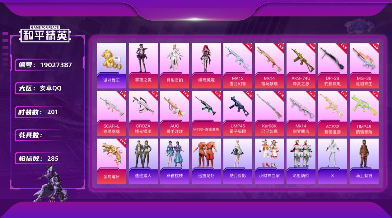 和平精英账号安卓QQ[19027387]安卓 手Q-3粉装-15特效枪-0载具-3粉色飞行器-79162热力值-16王牌印记-201套装-285枪皮
【热门品类】：套装-浪漫天命，套装-派对舞王，套装-龟仙人，角色-Ma