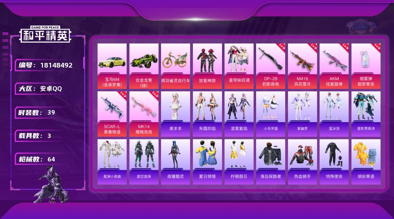 和平精英账号安卓QQ[18148492]安卓 手Q-4粉装-7特效枪-3载具-3粉色飞行器-22282热力值-2王牌印记-39套装-64枪皮
【粉色套装】：粉装-放客神游，粉装-星穹咏叹调，角色-罪夜之冕，角色-鸢尾珑雾