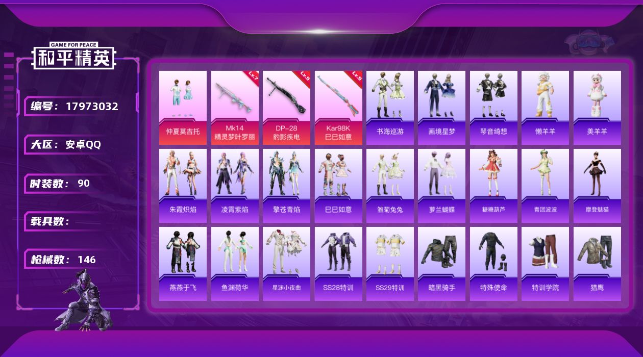 和平精英账号安卓QQ[17973032]安卓 手Q-1粉装-5特效枪-0载具-0粉色飞行器-38812热力值-4王牌印记-90套装-146枪皮
【粉色套装】：粉装-仲夏莫吉托
【粉色枪皮等级】：UMP45-萌骑冒险(五级