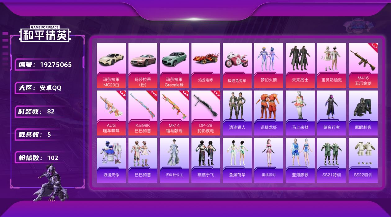 和平精英账号安卓QQ[19275065]82套装/枪械5/装备114/载具5/战备74/王牌印记2/热力值35242/七级M416-五爪金龙/五级AUG-暖羊咩咩/五级Kar98K-巳巳如意/四级MK14-福马献瑞/三级