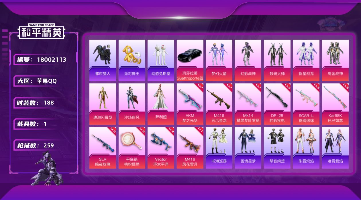和平精英账号苹果QQ[18002113]苹果 手Q-无敌战神框-8粉装-13特效枪-1载具-3粉色飞行器-81984热力值-20王牌印记-188套装-259枪皮
【热门品类】：粉装-梦幻火箭，套装-浪漫天命，套装-都市猎