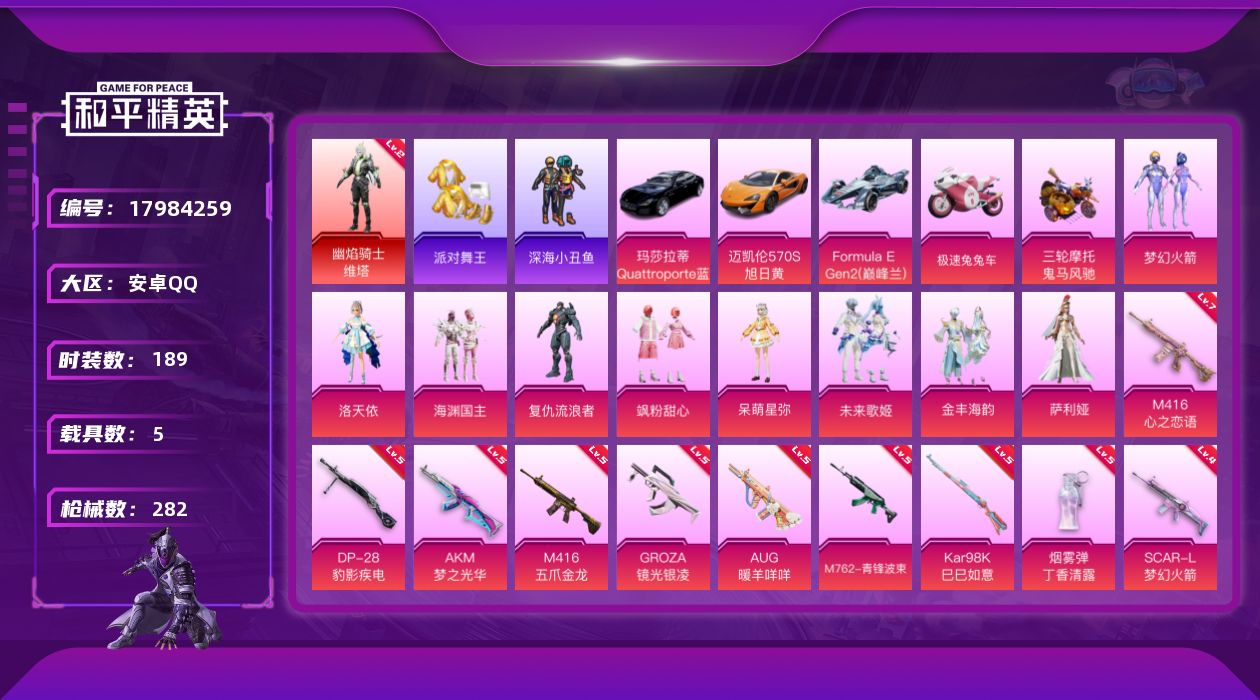 和平精英账号安卓QQ[17984259]安卓 手Q-1神装-9粉装-15特效枪-5载具-6粉色飞行器-95004热力值-17王牌印记-189套装-282枪皮【红色神装等级】：幽焰骑士-维塔(二级)【红色角色神装】：幽焰骑