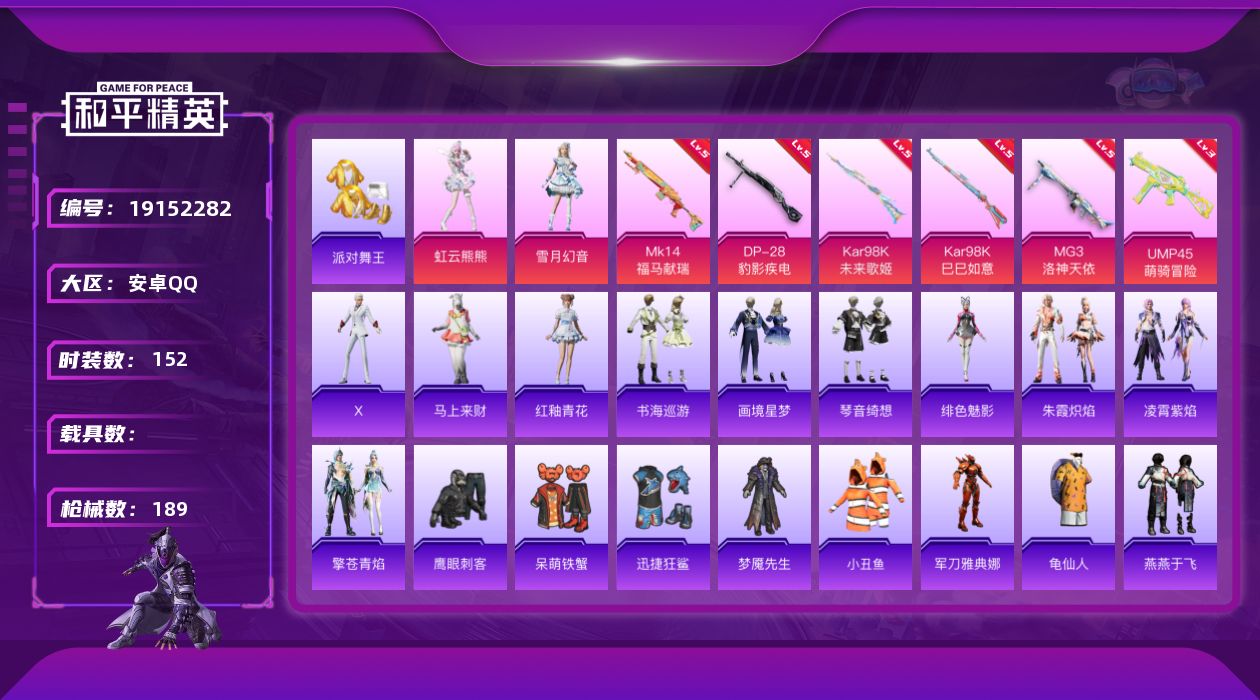 和平精英账号安卓QQ[19152282]安卓 手Q-2粉装-6特效枪-0载具-1粉色飞行器-48670热力值-12王牌印记-152套装-189枪皮
【热门品类】：套装-派对舞王，套装-小丑鱼，角色-军刀雅典娜，套装-龟仙