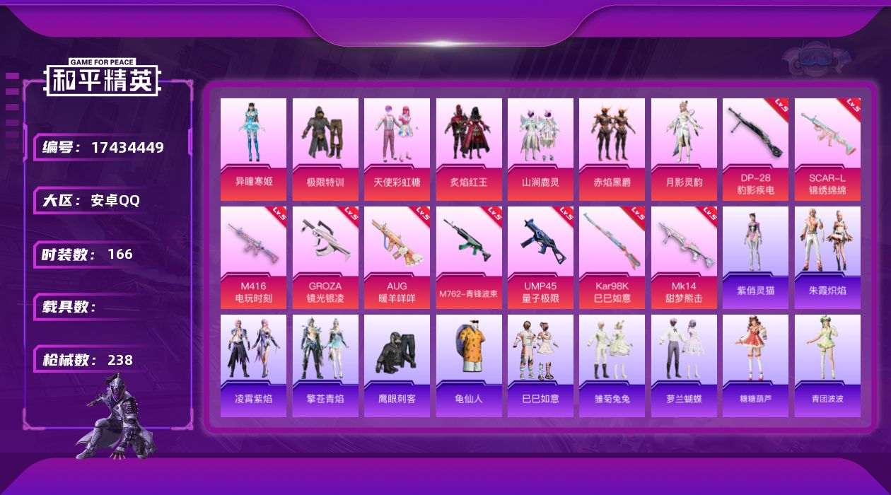 和平精英账号安卓QQ[17434449]安卓 手Q-7粉装-9特效枪-0载具-3粉色飞行器-65303热力值-10王牌印记-166套装-238枪皮
【热门品类】：套装-龟仙人
【粉色套装】：粉装-极限特训，粉装-天使彩虹