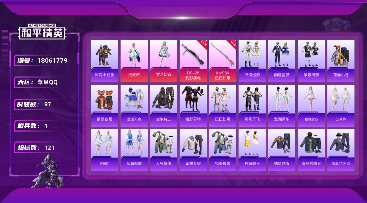 和平精英账号苹果QQ[18061779]【特价出售/店主推荐】苹果 手Q-1神装-3粉装-5特效枪-1载具-1粉色飞行器-34121热力值-4王牌印记-97套装-121枪皮
【红色神装等级】：霜月狼主-尼诺(一级)
【红