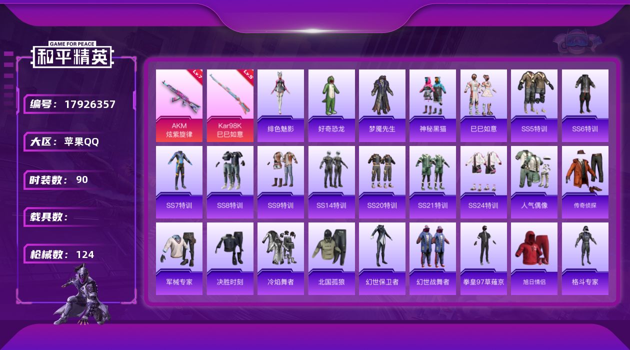 和平精英账号苹果QQ[17926357]苹果 手Q-0粉装-4特效枪-0载具-0粉色飞行器-34849热力值-1王牌印记-90套装-124枪皮
【粉色枪皮等级】：AKM-炫紫旋律(七级)，ACE32-萌骑漫游(三级)，K