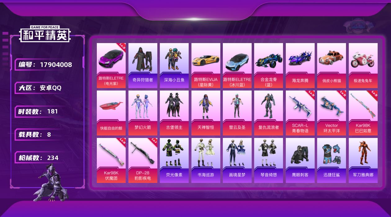 和平精英账号安卓QQ[17904008]安卓 手Q-6粉装-6特效枪-8载具-3粉色飞行器-85962热力值-6王牌印记-181套装-234枪皮
【红色载具】：路特斯ELETRE（电光紫）(三级)
【热门品类】：粉装-梦
