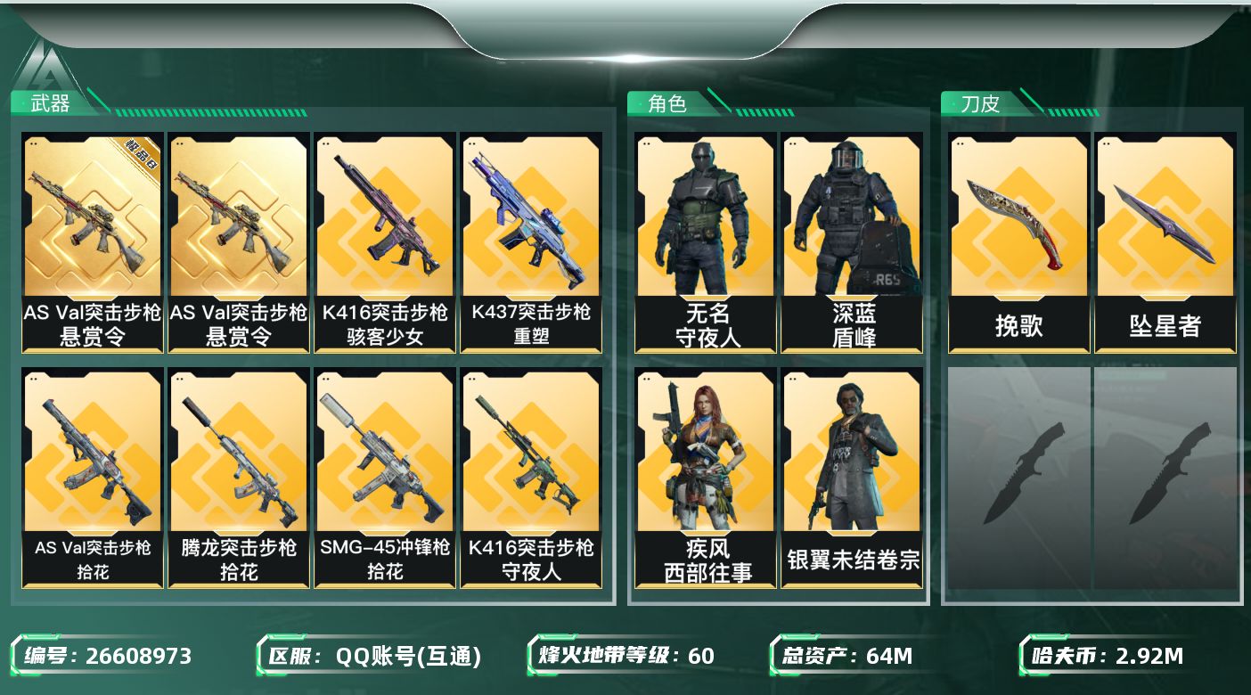 三角洲行动账号QQ【kysjz1592】64m总资产-2928k哈夫币-60烽火等级-钻石-20战场等级-上等兵
【干