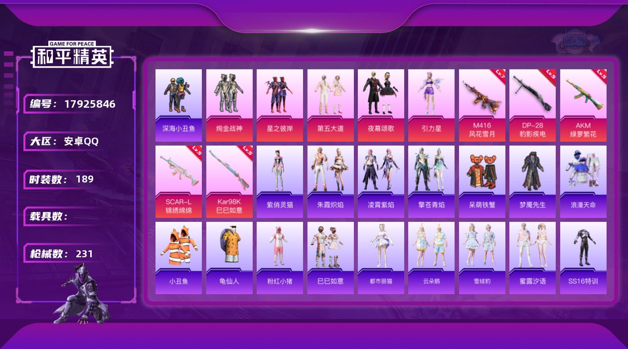 和平精英账号安卓QQ[17925846]安卓 手Q-5粉装-8特效枪-0载具-1粉色飞行器-68359热力值-16王牌印记-189套装-231枪皮
【热门品类】：套装-浪漫天命，套装-深海小丑鱼，套装-小丑鱼，套装-龟仙