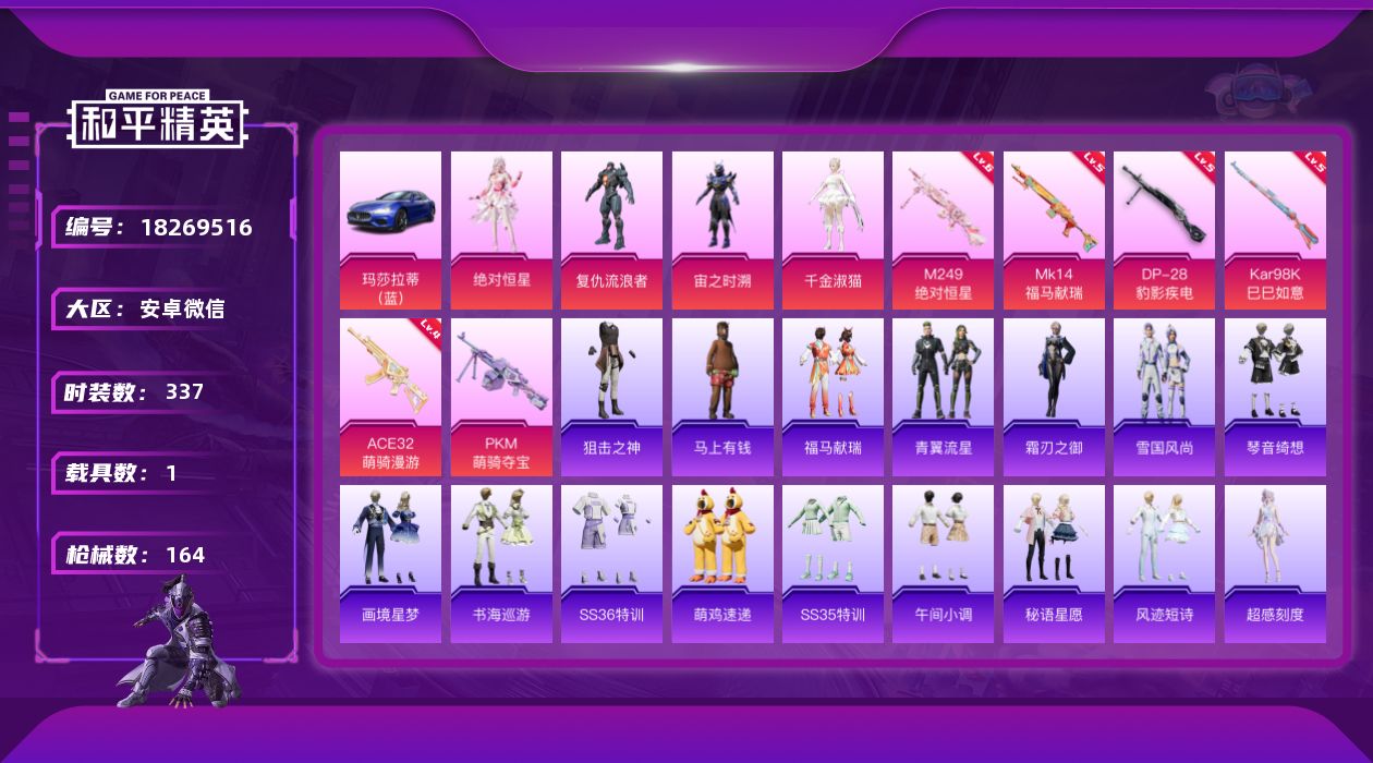 和平精英账号安卓微信[18269516]4粉装 6特效枪 1载具 7印记 可二次 可修改实名 
【热门装扮】千金淑猫,绝