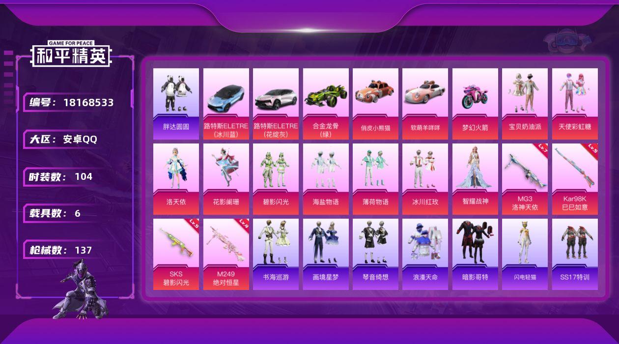 和平精英账号安卓QQ[18168533]安卓 手Q-9粉装-4特效枪-6载具-1粉色飞行器-50508热力值-6王牌印记-104套装-137枪皮
【热门品类】：套装-浪漫天命，套装-胖达圆圆，套装-暗影哥特
【粉色套装】