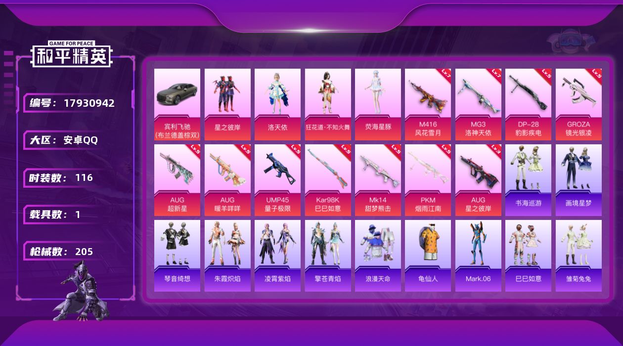 和平精英账号安卓QQ[17930942]安卓 手Q-4粉装-14特效枪-1载具-2粉色飞行器-59446热力值-10王牌印记-116套装-205枪皮
【热门品类】：套装-浪漫天命，套装-龟仙人，角色-Mark.06
【粉