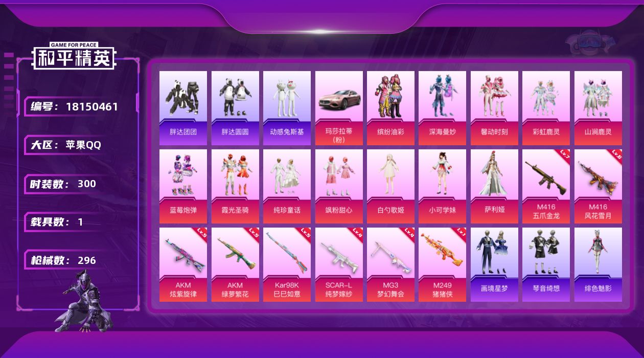 和平精英账号苹果QQ[18150461]【店主推荐捡漏号！可直接换绑】苹果 手Q-12粉装-8特效枪-1载具-4粉色飞行器-120956热力值-12王牌印记-300套装-296枪皮【热门品类】：粉装-缤纷油彩，绝对防御上