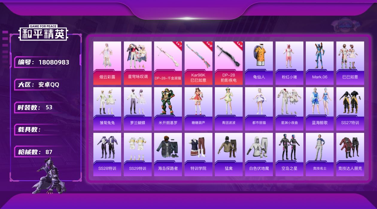 和平精英账号安卓QQ[18080983]可二次【特价出售/店主推荐】安卓 手Q-2粉装-3特效枪-1粉色飞行器-25398热力值-2王牌印记-53套装-87枪皮【热门品类】：套装-龟仙人，套装-粉红小猪，角色-Mark.