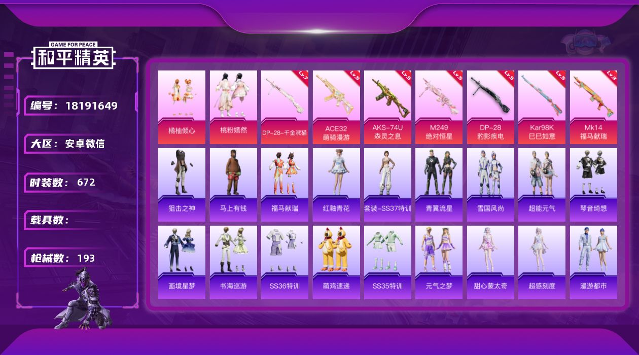 和平精英账号安卓微信[18191649]时装数: 672 枪械数: 193 战备数: 153 热门装扮: 迅捷狂鲨,橘柚