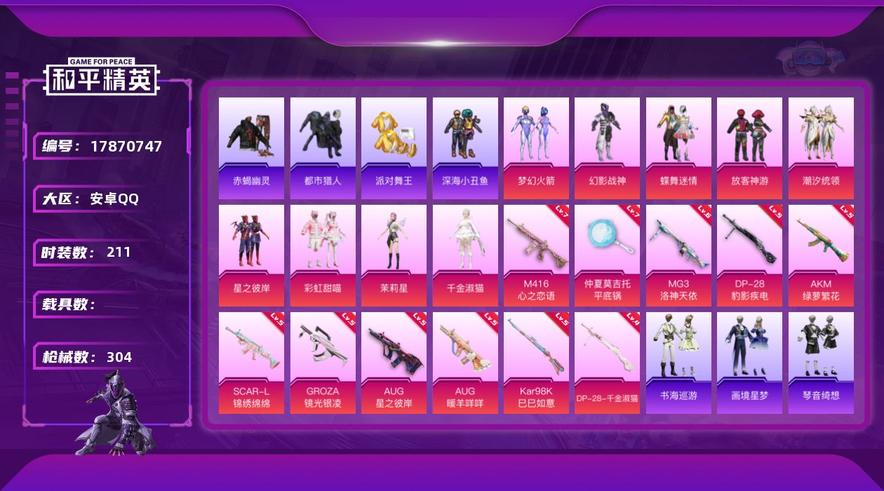 和平精英账号安卓QQ[17870747]安卓 手Q-无敌战神框-9粉装-13特效枪-0载具-8粉色飞行器-95102热力值-16王牌印记-211套装-304枪皮
【热门品类】：粉装-梦幻火箭，绝对防御上衣，套装-浪漫天命