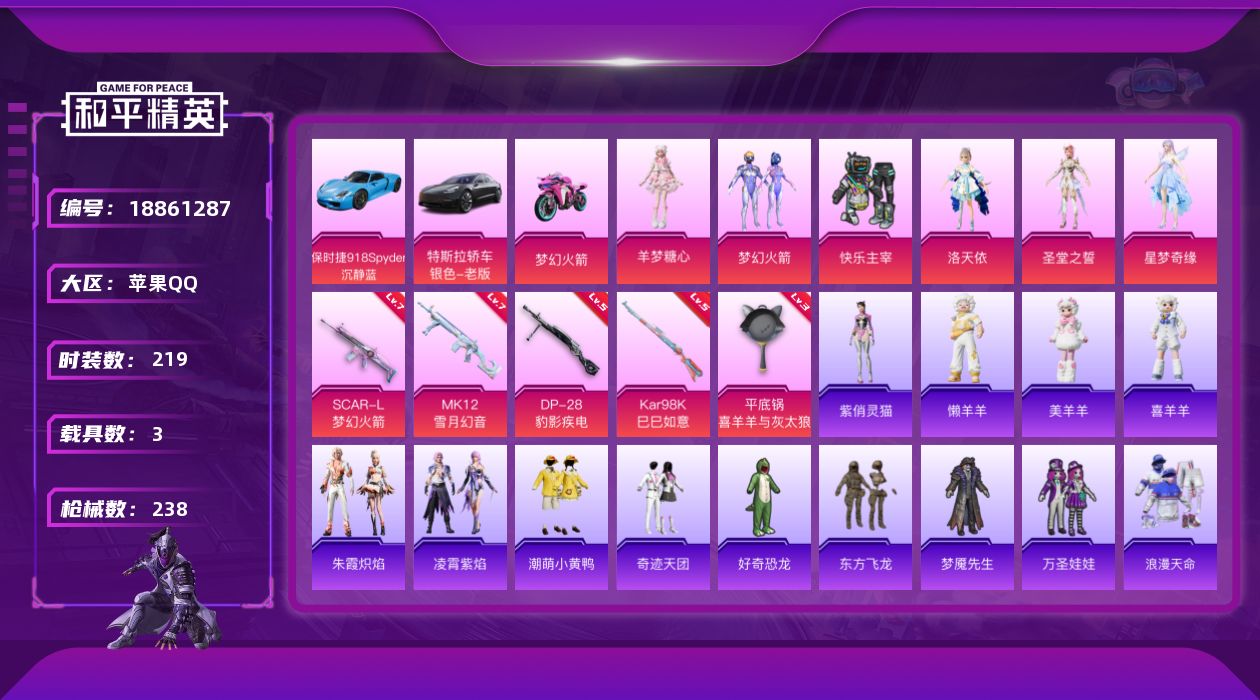 和平精英账号苹果QQ[18861287]苹果 手Q-6粉装-5特效枪-3载具-2粉色飞行器-77552热力值-6王牌印记-219套装-238枪皮
【热门品类】：粉装-梦幻火箭，套装-浪漫天命，套装-龟仙人，套装-潮萌小黄