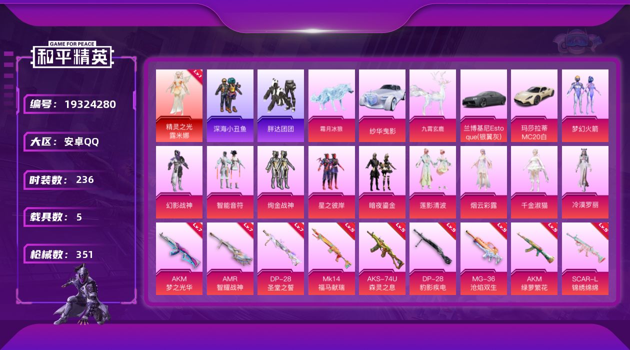 和平精英账号安卓QQ[19324280]安卓手Q-1神装-10粉装-20特效枪-5载具-13粉色飞行器-118465热力值-20王牌印记-236套装-351枪皮
【红色神装等级】：精灵之光-露米娜(一级)
【红色角色神装