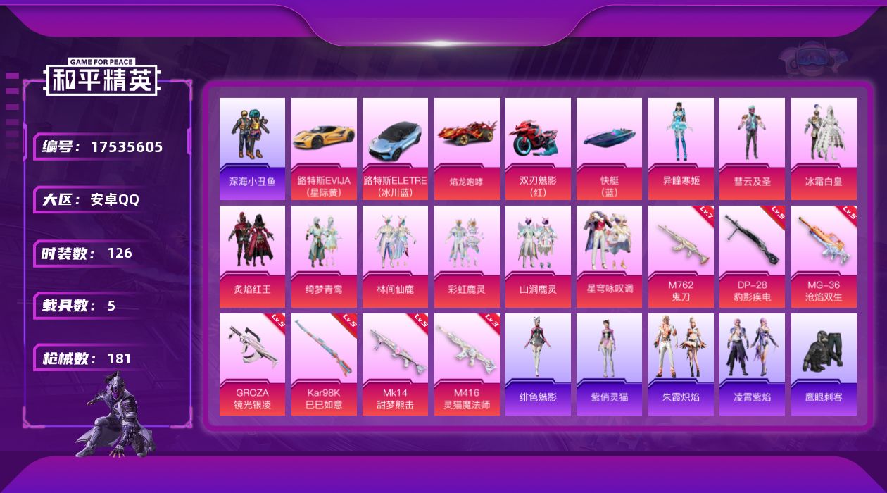 和平精英账号安卓QQ[17535605]安卓 手Q-10粉装-11特效枪-5载具-8粉色飞行器-60710热力值-5王牌印记-126套装-181枪皮
【热门品类】：套装-浪漫天命，套装-深海小丑鱼，套装-AG战队服，套装