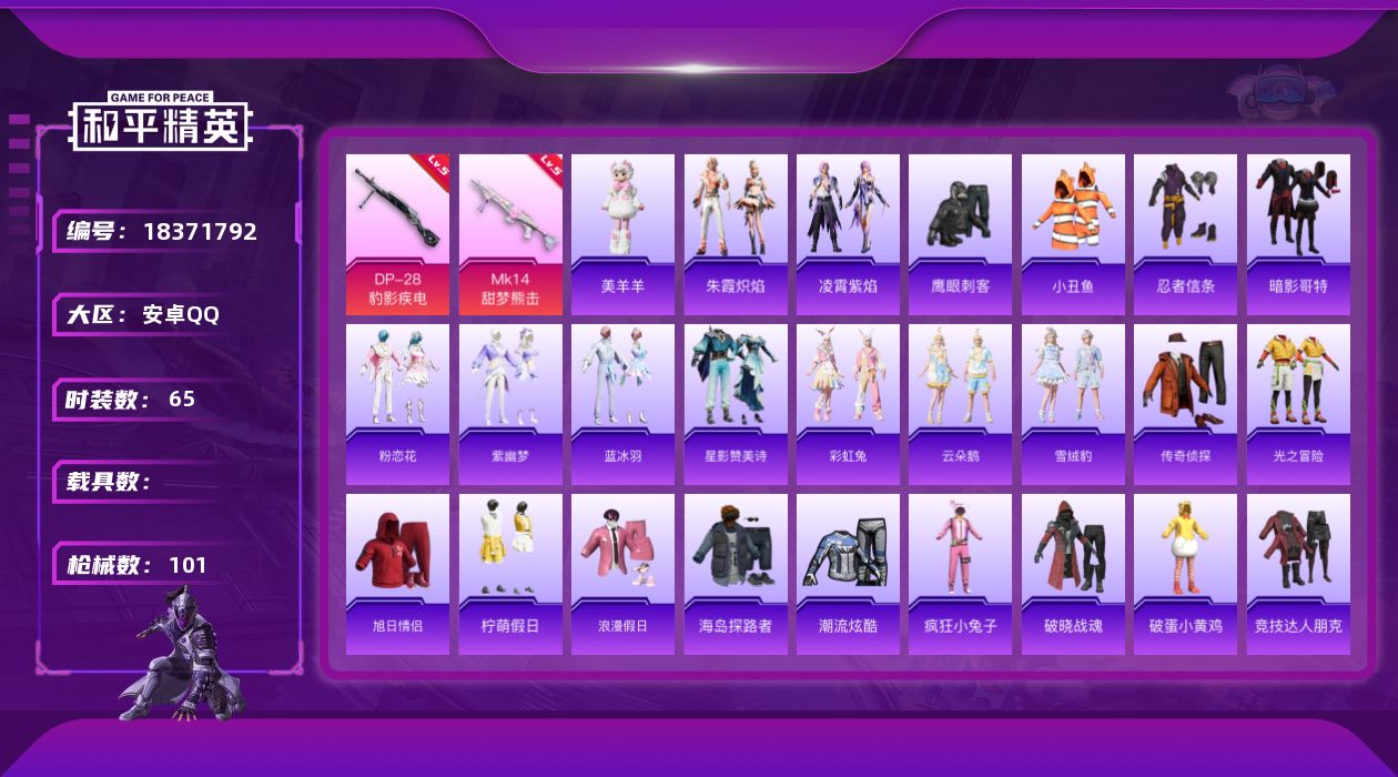 和平精英账号安卓QQ[18371792]安卓 手Q-0粉装-6特效枪-0载具-1粉色飞行器-21470热力值-1王牌印记-65套装-101枪皮
【热门品类】：套装-小丑鱼，套装-忍者信条，套装-暗影哥特
【粉色枪皮等级】