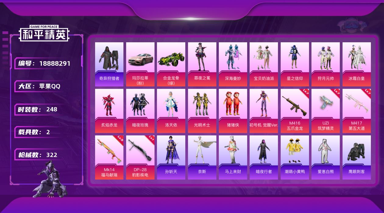 和平精英账号苹果QQ[18888291]苹果 手Q-12粉装-5特效枪-2载具-5粉色飞行器-104235热力值-18王牌印记-248套装-322枪皮
【热门品类】：套装-奇异狩猎者，角色-军刀雅典娜，套装-金羽特工，套