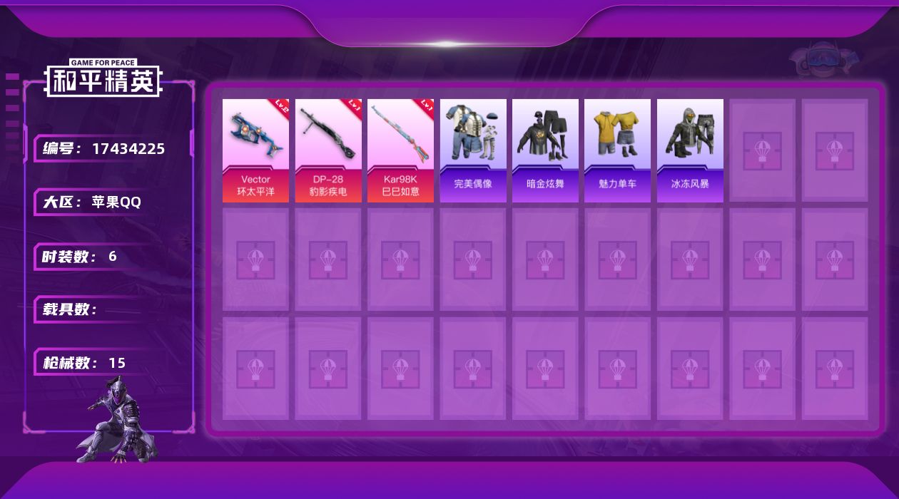 和平精英账号苹果QQ[17434225]苹果 手Q-0粉装-3特效枪-0载具-0粉色飞行器-2667热力值-0王牌印记-6套装-15枪皮
【粉色枪皮等级】：Vector-环太平洋(二级)，Kar98K-巳巳如意(一级)，
