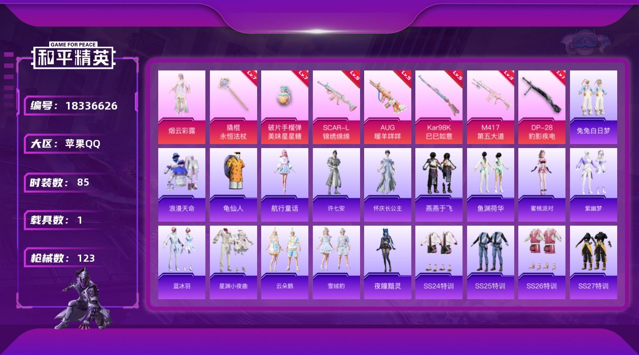 和平精英账号苹果QQ[18336626]苹果 手Q-3粉装-10特效枪-1载具-1粉色飞行器-38104热力值-5王牌印记-85套装-123枪皮
【热门品类】：套装-浪漫天命，套装-龟仙人
【粉色套装】：角色-烟云彩露，