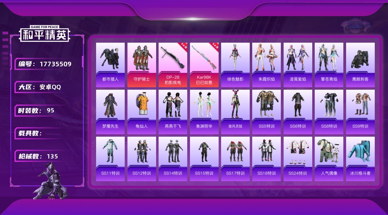 和平精英账号安卓QQ[17735509]【特价出售/店主推荐】安卓 手Q-1粉装-4特效枪-0载具-0粉色飞行器-35682热力值-3王牌印记-95套装-135枪皮
【热门品类】：套装-都市猎人，套装-龟仙人
【粉色套装