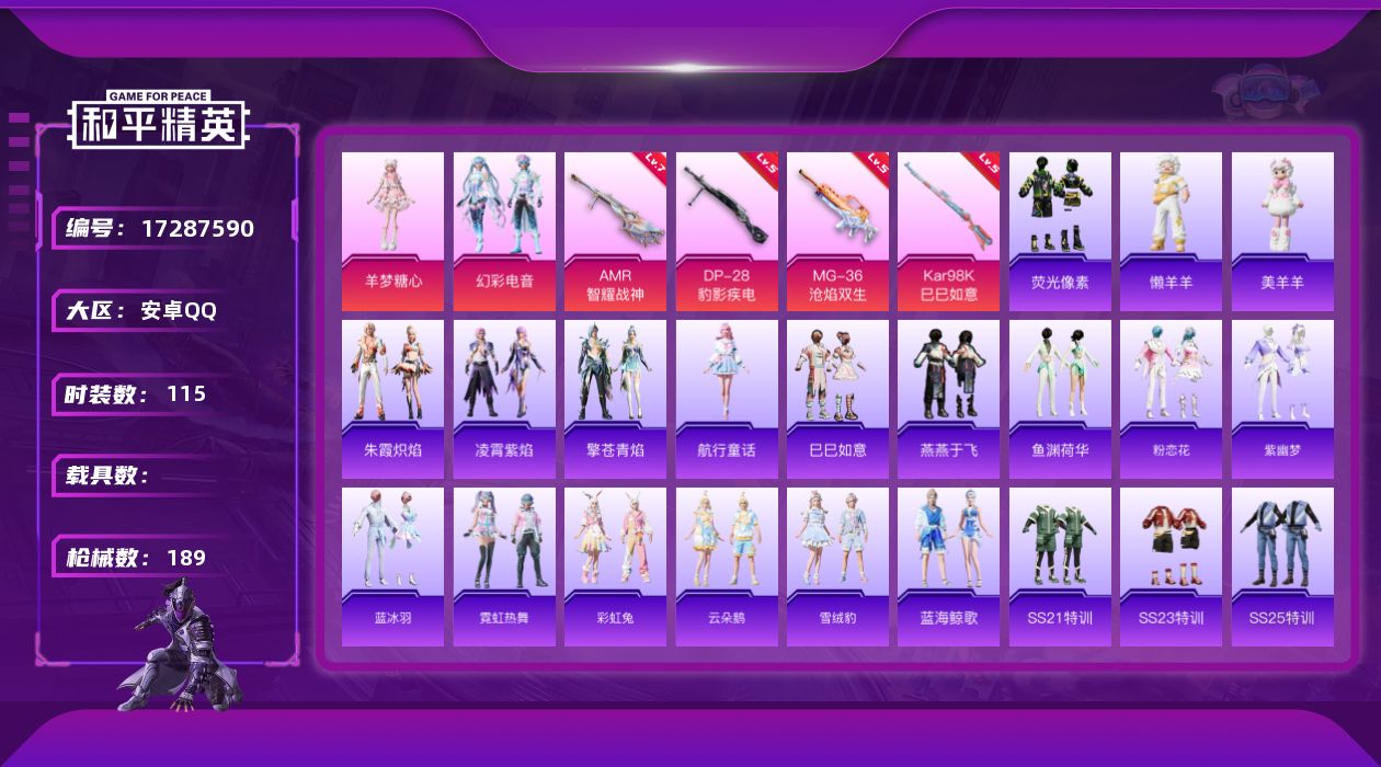 和平精英账号安卓QQ[17287590]安卓 手Q-3粉装-6特效枪-0载具-2粉色飞行器-49693热力值-7王牌印记-115套装-189枪皮
【粉色套装】：粉装-幻彩电音，角色-羊梦糖心，角色-虹云熊熊
【粉色枪皮等