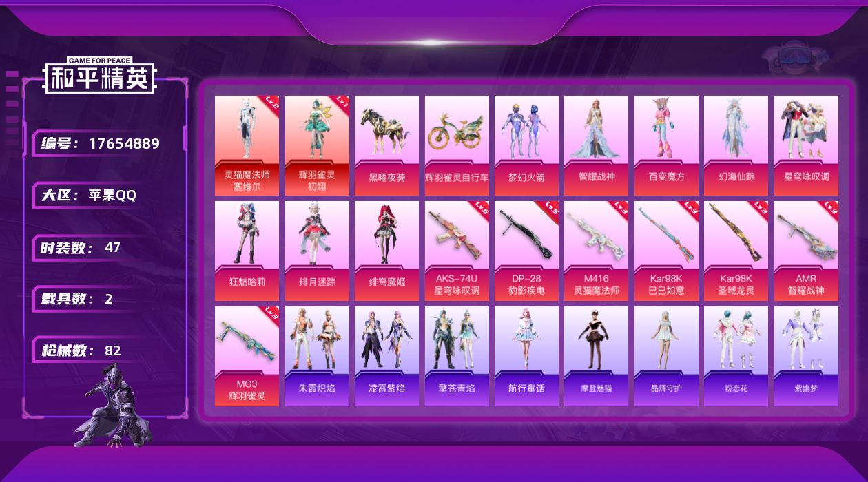 和平精英账号苹果QQ[17654889]【店主推荐捡漏号！可直接换绑】苹果 手Q-2神装-8粉装-7特效枪-2载具-5粉色飞行器-33778热力值-1王牌印记-47套装-82枪皮
【红色神装等级】：灵猫魔法师-塞维尔(二
