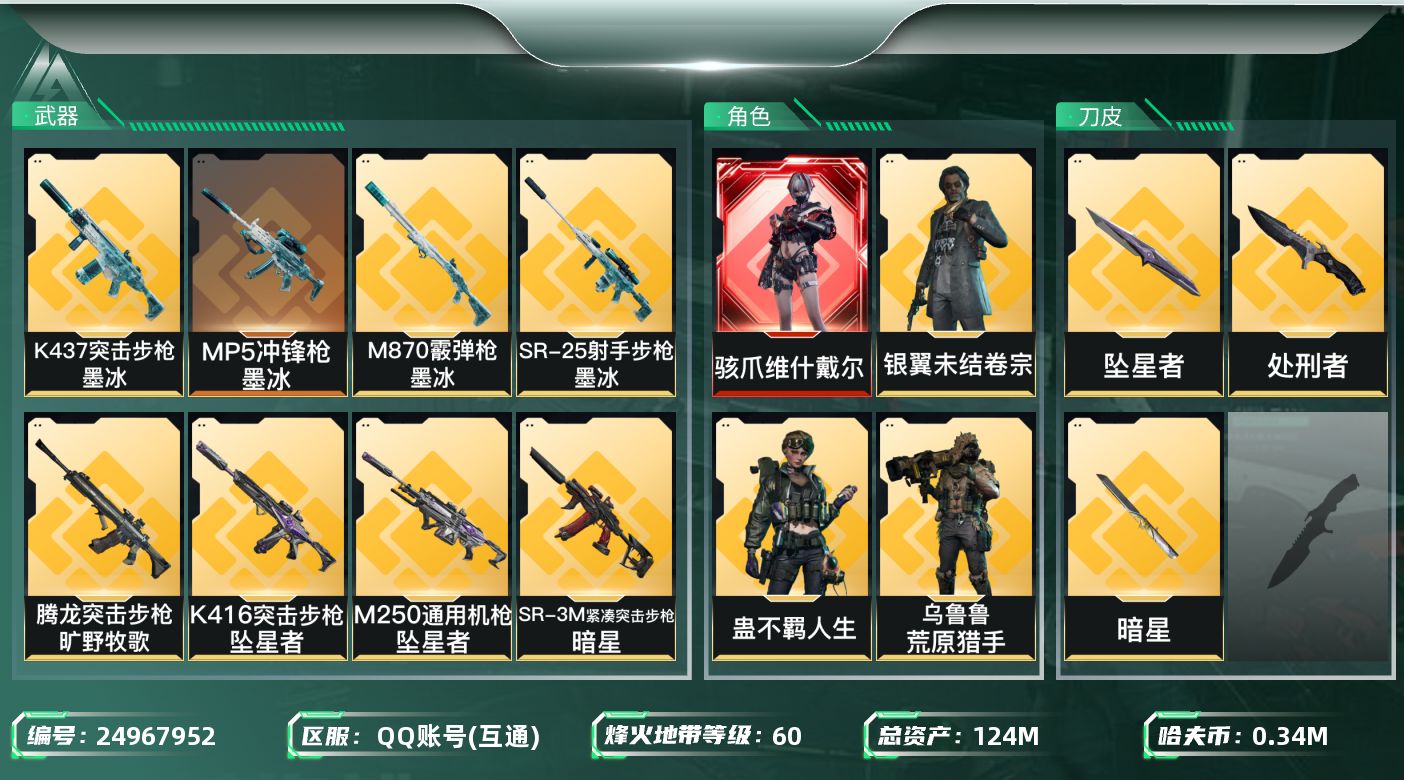 三角洲行动账号QQ【kysjz905】124m总资产-348k哈夫币-60烽火等级-钻石-39战场等级-上等兵
【干员