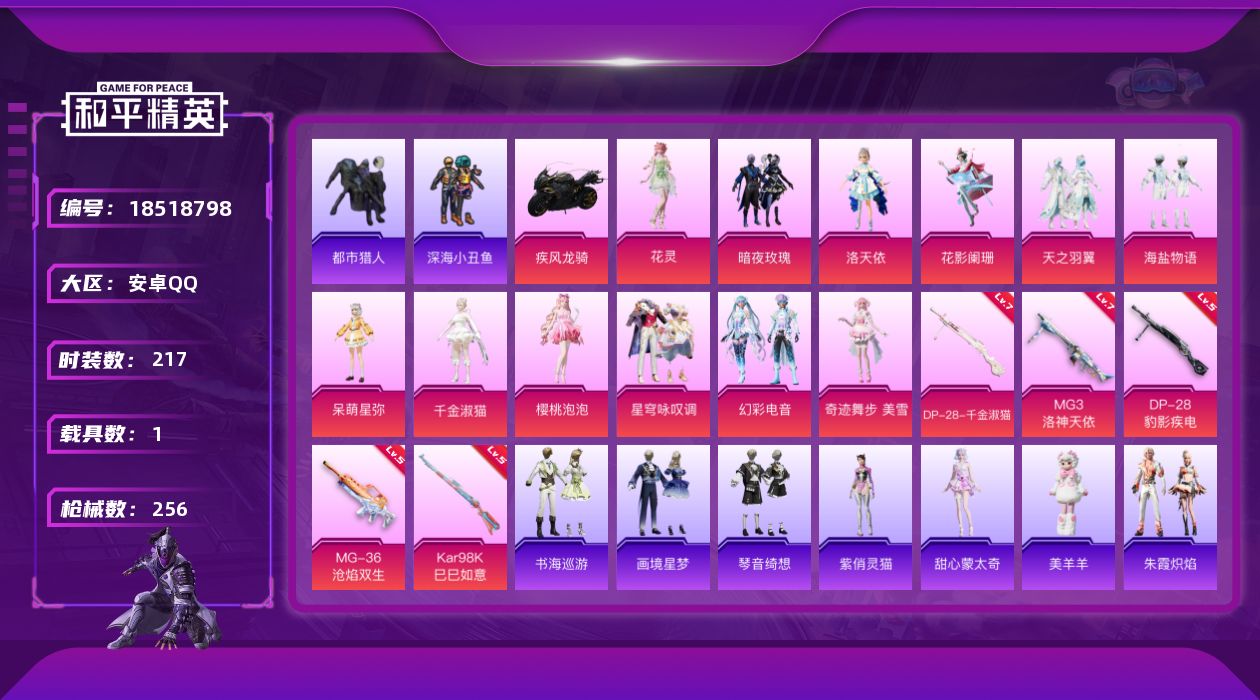 和平精英账号安卓QQ[18518798]安卓 手Q-12粉装-9特效枪-1载具-5粉色飞行器-84661热力值-11王牌印记-217套装-256枪皮
【热门品类】：套装-浪漫天命，套装-都市猎人，套装-深海小丑鱼，套装-
