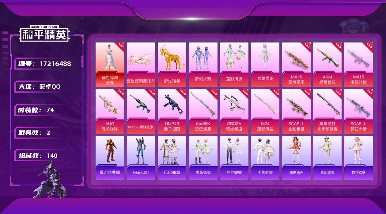 和平精英账号安卓QQ安卓 手Q-1神装-3粉装-12特效枪-2载具-4粉色飞行器-46431热力值-1王牌印记-74套装-140枪皮
【红色神装等级】：盛世惊鸿-云鸾(一级)
【红色角色神装】：盛世惊