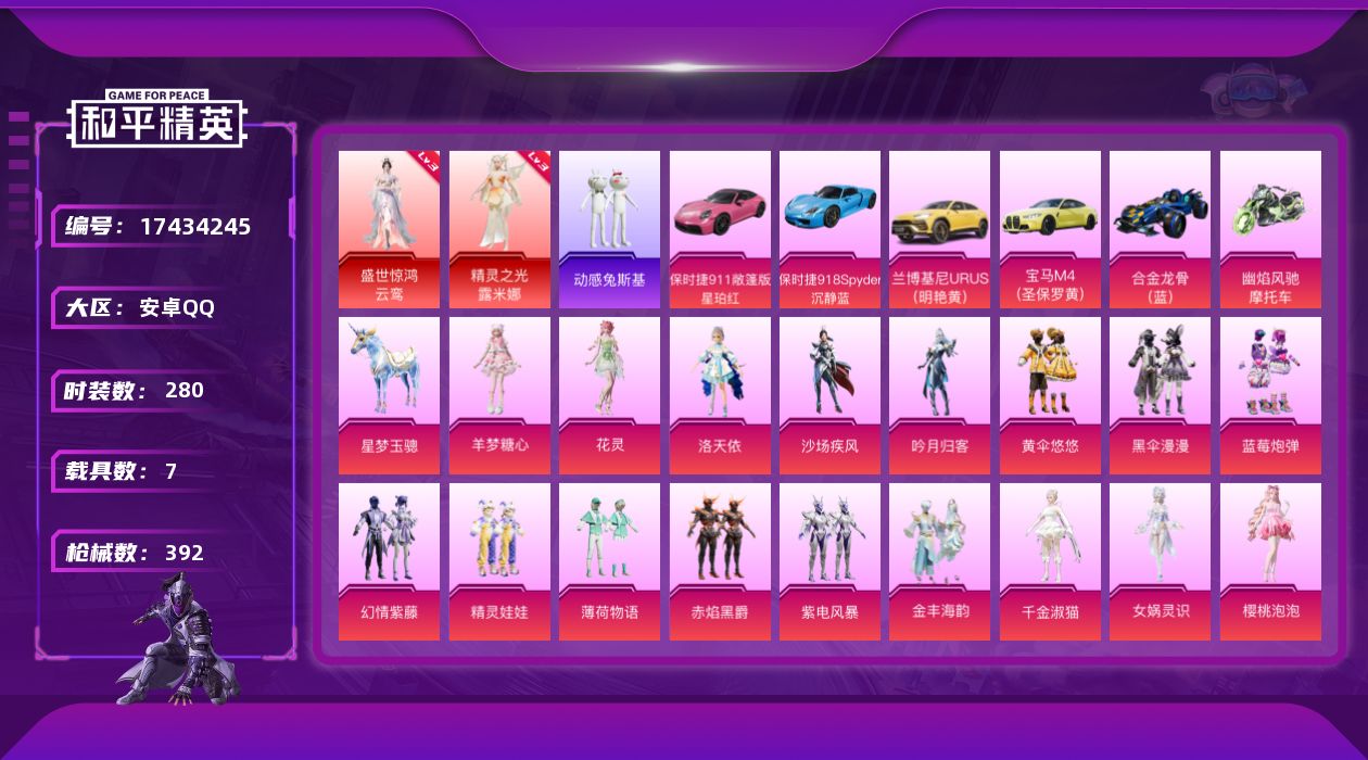 和平精英账号安卓QQ[17434245]安卓 手Q-2神装-19粉装-20特效枪-7载具-10粉色飞行器-146282热力值-18王牌印记-280套装-392枪皮
【红色神装等级】：盛世惊鸿-云鸾(三级)，精灵之光-露米