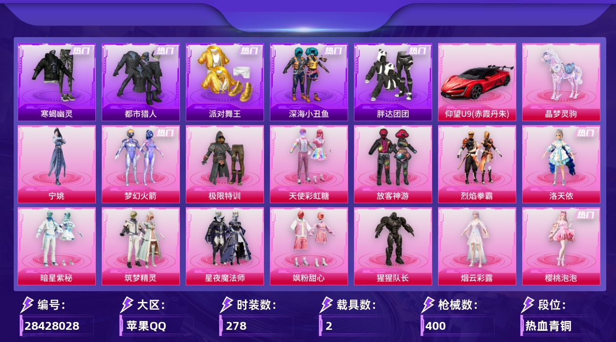 [28428028]【1893】278套装/枪械18/装备527/载具2/战备290/王牌印记23/热力值131520/梦幻火箭背包(3级)/梦幻火箭背包(2级)/梦幻火箭背包(1级)/甜心宝贝背包(1级)/幻影战神背包(3级)/幻影战神背包(2级)/幻影战神背包(1级)/神秘黑猫背包(3级)/神秘黑猫背包(1级)/梦幻火箭头盔(3级)/梦幻火箭头盔(1级)/百万伏特头盔(2级)/幻影战神头盔(3级)/幻影战神头盔(2级)/幻影战神头盔(1级)/梦幻火箭(新101)/寒蝎幽灵/浪漫天命/都市猎人/派对舞王/深海小丑鱼/小丑鱼/军刀雅典娜/胖达团团/金羽特工/忍者信条/暗夜之虎/龟仙人/暗影哥特/Mark.06/七级SCAR-L-童趣迷兔/一级M416-风花雪月/九级M416-至情至圣/五级GROZA-圣辉之星/三级AUG-星梦奇缘/五级蜜獾-辉耀战甲/五级ACE32-萌骑漫游/七级Vector-环太平洋/五级汤姆逊-玉魄流云/五级AKS-74U-星穹咏叹调/五级Kar98K-巳巳如意/五级Mk14-精灵梦叶罗丽/四级MK14-福马献瑞/七级S12K-海渊国主/五级AA12-G-其乐融融/五级DP-28-豹影疾电/五级MG3-洛神天依/仰望U9(赤霞丹朱)/晶梦灵驹/破风疾驰降落伞/极限特训降落伞/幻影战神降落伞/甜心宝贝降落伞/梦幻火箭降落伞/童趣迷兔降落伞/王牌四分卫降落伞/烈焰拳霸降落伞/葫芦兄弟降落伞/暗夜玫瑰降落伞/洛神天依降落伞/海渊国主降落伞/蓝莓炮弹降落伞/环太平洋降落伞/垂柳戏鸭降落伞/彩虹甜喵降落伞/音爆索尼克降落伞/龙珠超降落伞/飒粉甜心降落伞/闲梦青缨降落伞/彩装战姬降落伞/创世·救赎降落伞/晶梦幻蝶降落伞/星穹咏叹调降落伞/绯穹魔姬降落伞/异瞳寒姬降落伞/炫彩糖果降落伞/SCAR-L童趣迷兔/M416风花雪月/M416至情至圣/GROZA-圣辉之星/AUG星梦奇缘/蜜獾辉耀战甲/ACE32-萌骑漫游/Vector环太平洋/汤姆逊-玉魄流云/AKS-74U-星穹咏叹调/Kar98K-巳巳如意/Mk14精灵梦叶罗丽/MK14-福马献瑞/S12K海渊国主/AA12-G-其乐融融/DP-28-豹影疾电/MG3洛神天依/破片手榴弹秋玉花灯/DKG战队服/TT追光队服/SS14特训/SS15特训/SS16特训/SS17特训/SS18特训/SS19特训/SS20特训/SS2