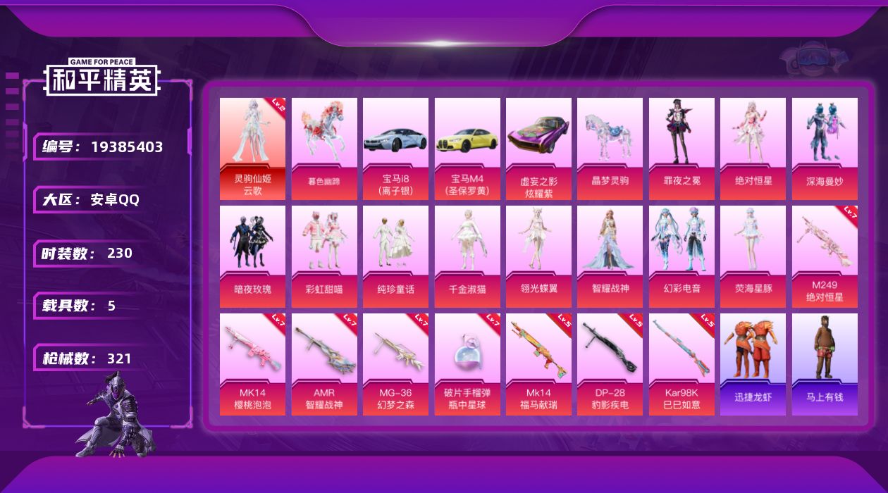 和平精英账号安卓QQ[19385403]230套装/枪械8/装备480/载具5/战备229/王牌印记16/热力值123872/五级Kar98K-巳巳如意/七级MK14-樱桃泡泡/五级MK14-福马献瑞/七级AMR-智耀战