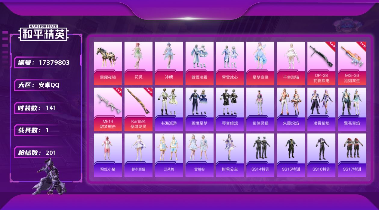 和平精英账号安卓QQDAS9381有二次 安卓Q-1载具7粉装8特效枪8热门141套装201枪皮 60604热力值 6印