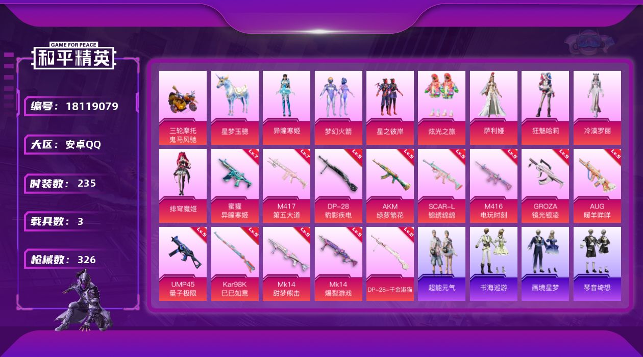 和平精英账号安卓QQ[18119079]安卓 手Q-1神装-8粉装-16特效枪-3载具-7粉色飞行器-105774热力值-19王牌印记-235套装-326枪皮
【红色神装等级】：暮色玫影-艾丽娅(二级)
【红色角色神装】