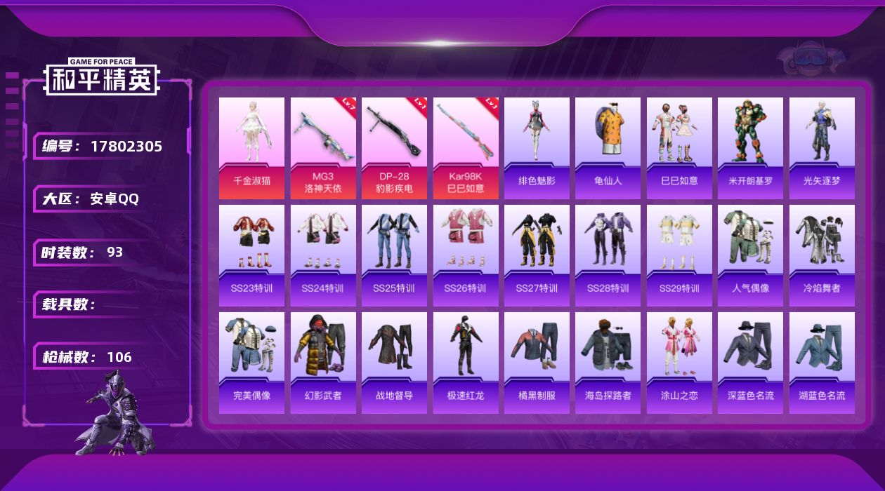 和平精英账号安卓QQ[17802305]安卓 手Q-1粉装-4特效枪-0载具-2粉色飞行器-30390热力值-9王牌印记-93套装-106枪皮
【热门品类】：套装-龟仙人
【粉色套装】：角色-千金淑猫
【粉色枪皮等级】：