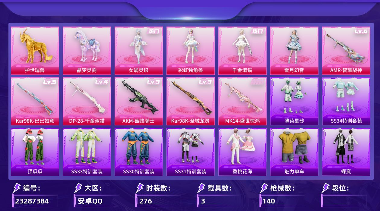 和平精英账号安卓QQ3载具-67套装-140枪皮-3载具6粉装9特效枪4热门67套装140枪皮 47835热力值 8印记
